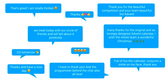 Kundenfeedback in Sprechblasen. Einige Beispiele sind: Das ist toll! Ich bin total begeistert. Danke. Vielen Dank für den schönen Wettbewerb und eurem Team einen schönen dritten Advent.