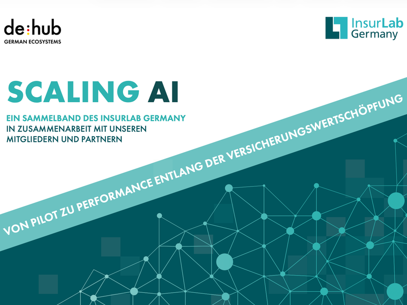 Das Bild zeigt das Cover des InsurLab Germany Sammelbands mit dem Titel 'SCALING AI – Von Pilot zu Performance entlang der Versicherungswertschöpfung_ auf einem weiß-türkisen Hintergrund mit einem digitalen Netzwerkmuster.