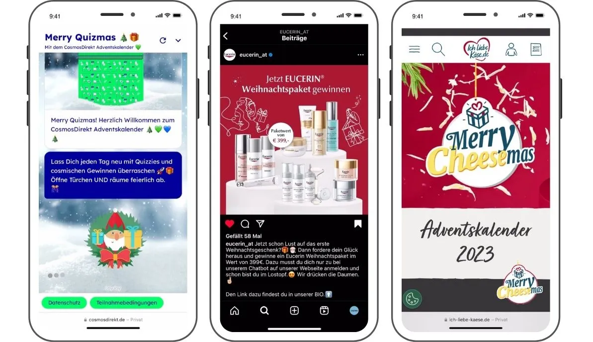 The three Advent Calendar experiences of CosmosDirekt, eucerin austria and ich liebe Käse.de are shown.