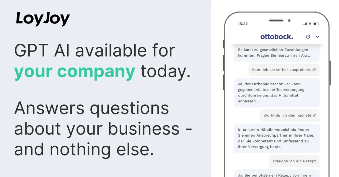 On the left hand side it is mentioned that the GPT AI is available for your company today and that it answers questions about your business and nothing else. On the right hand side a smartphone with an opened Chatbot that was created using the LoyJoy Platform is shown.