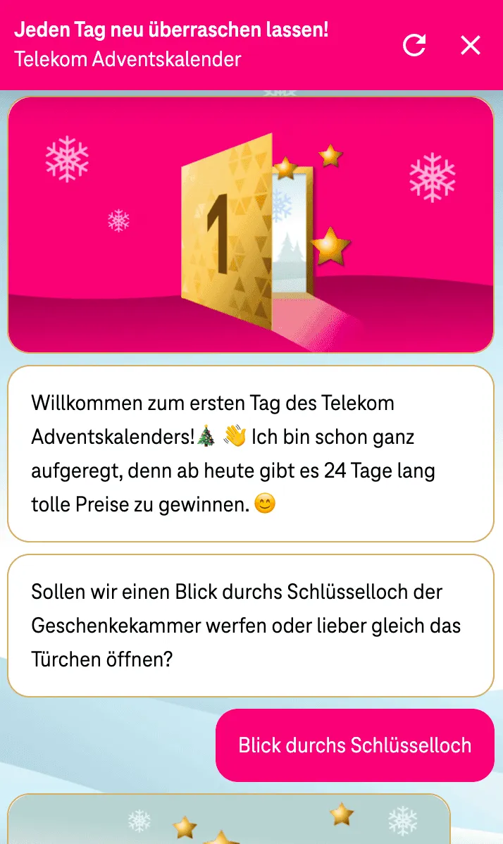Tag eins des Telekom-Adventskalenders geöffnet auf einem mobilen Gerät.