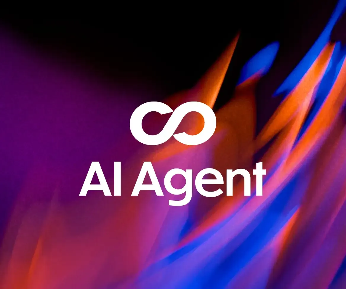Branded graphic with the LoyJoy infinity symbol and the words AI Agent on a colourful light gradient.