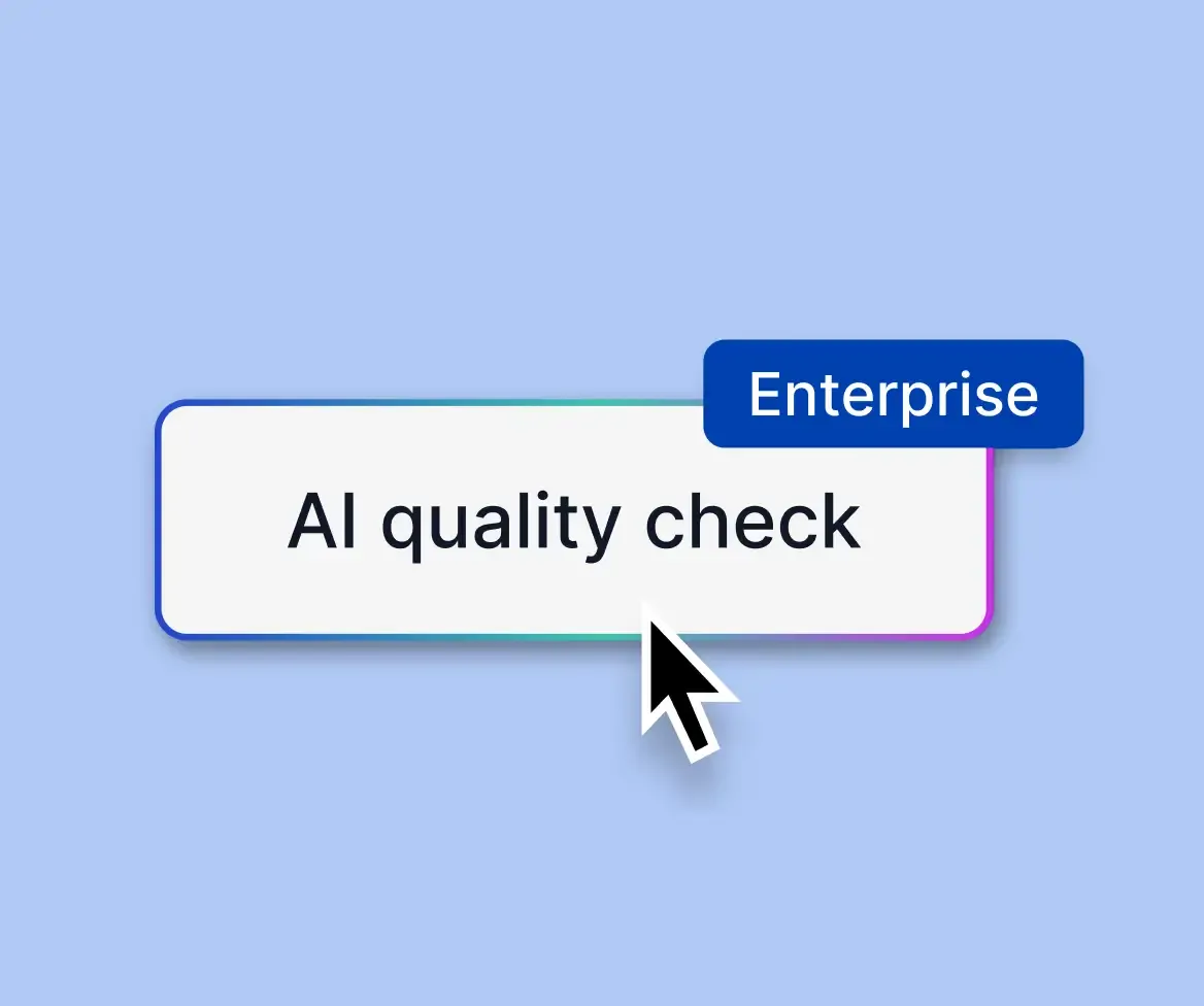 Illustration of a button tile with Enterprise badge and cursor, symbolising the AI-driven dialogue review.
