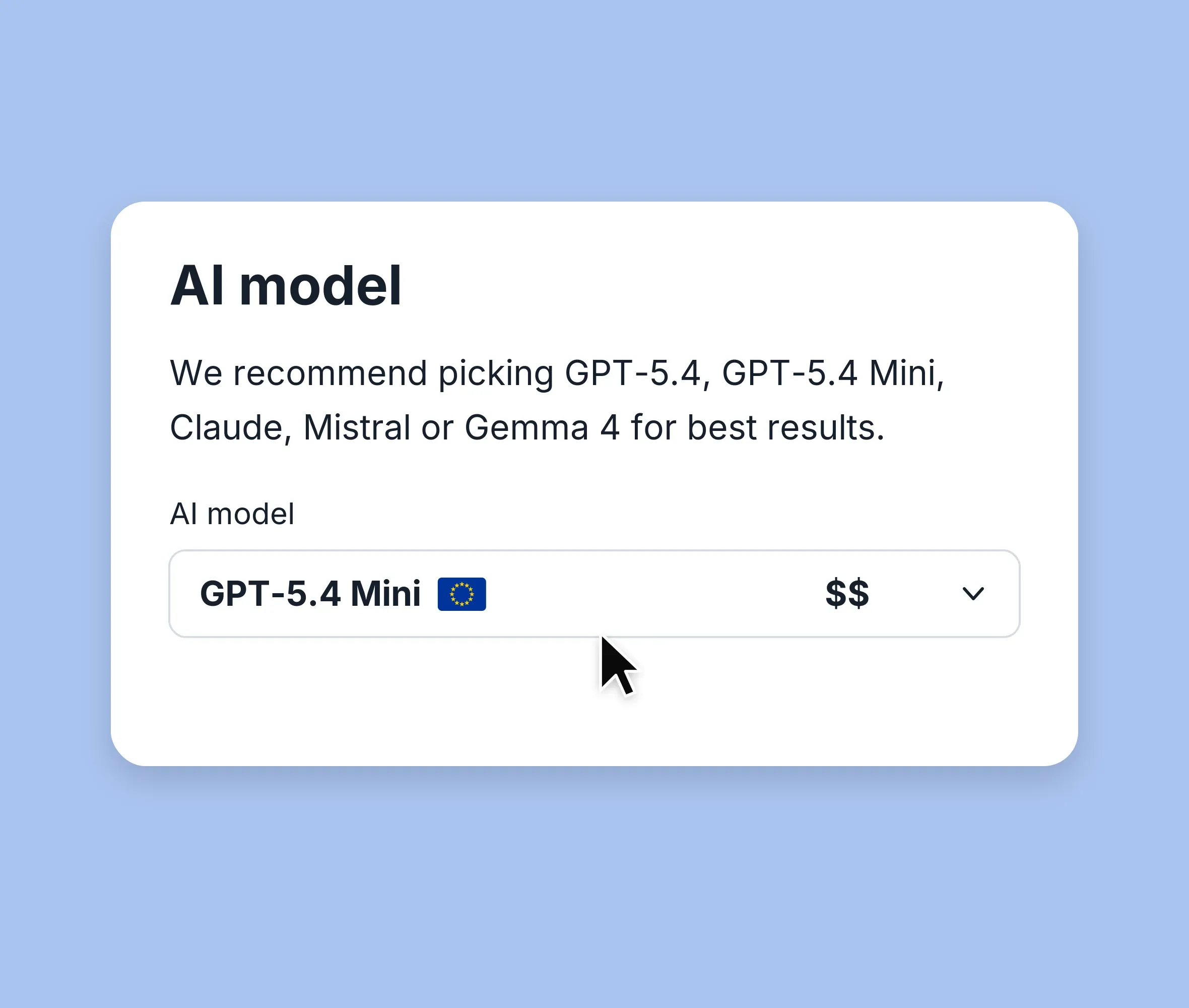 Manager selector with the model option GPT-5.4 Mini, an EU flag for European hosting and a price tier indicator.