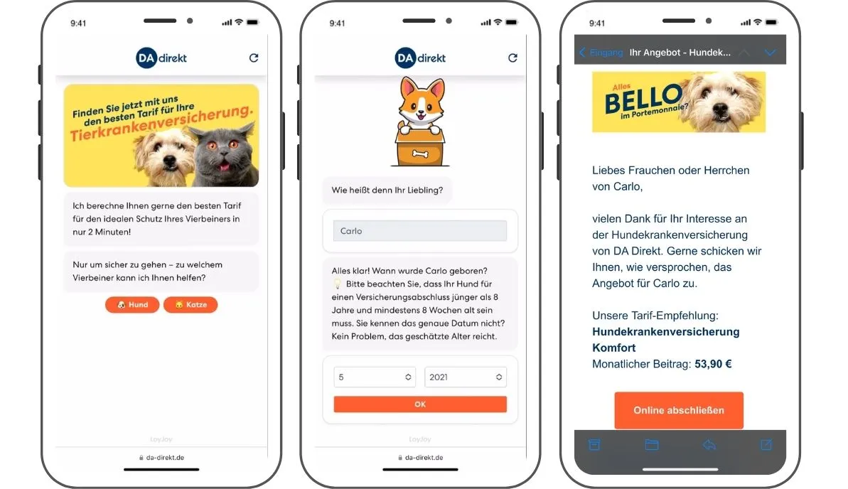 The DA Direkt Pet Health Insurance within the Chatbot