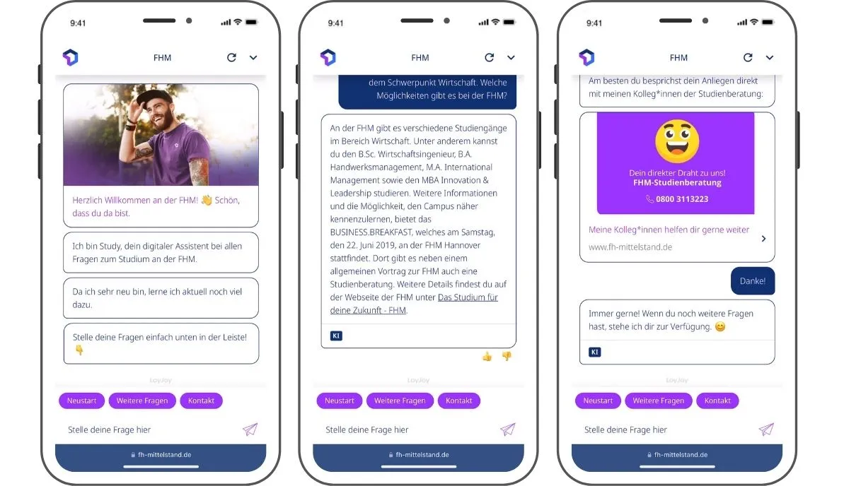 Der FHM Studiengangsberater-Chatbot in Aktion