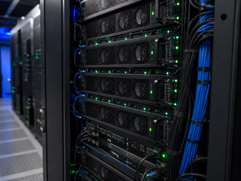 Serverschrank mit aktiven Netzwerk- und Status-LEDs im LoyJoy-Rechenzentrum.