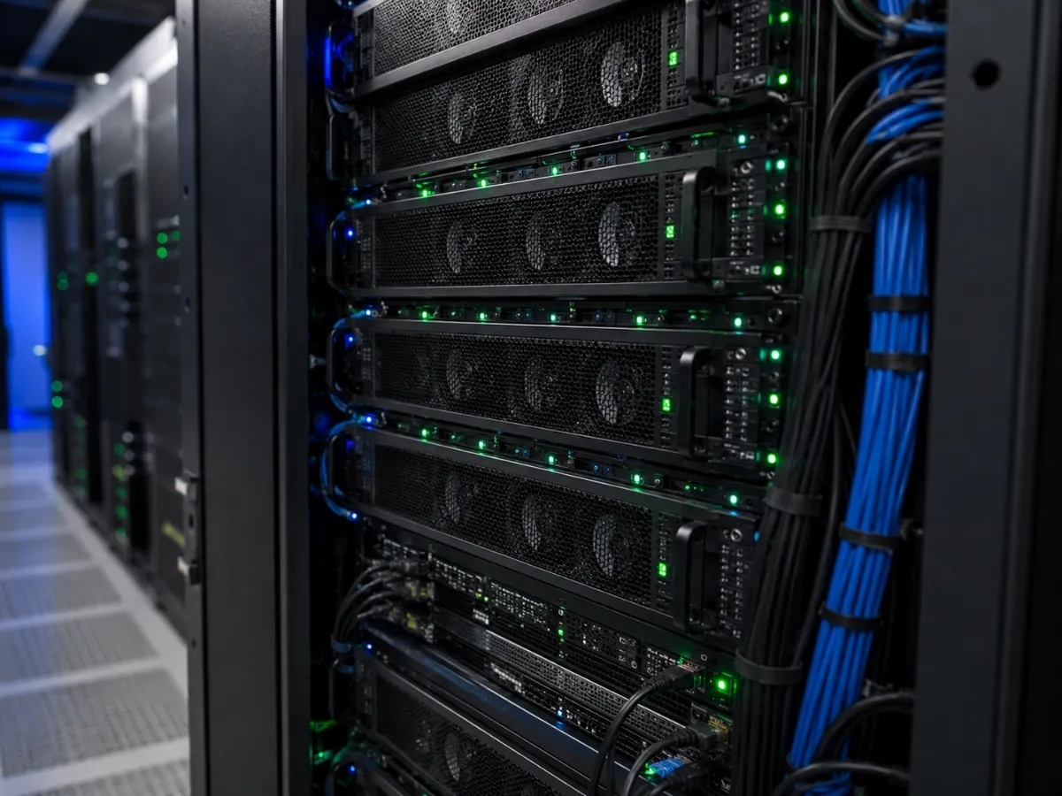 Server rack with active network and status LEDs in LoyJoy's data center in Münster.