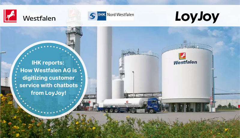 An image showing a Westfalen AG building with a reference to the IHK report on the chatbots developed on the LoyJoy platform for Westfalen AG.