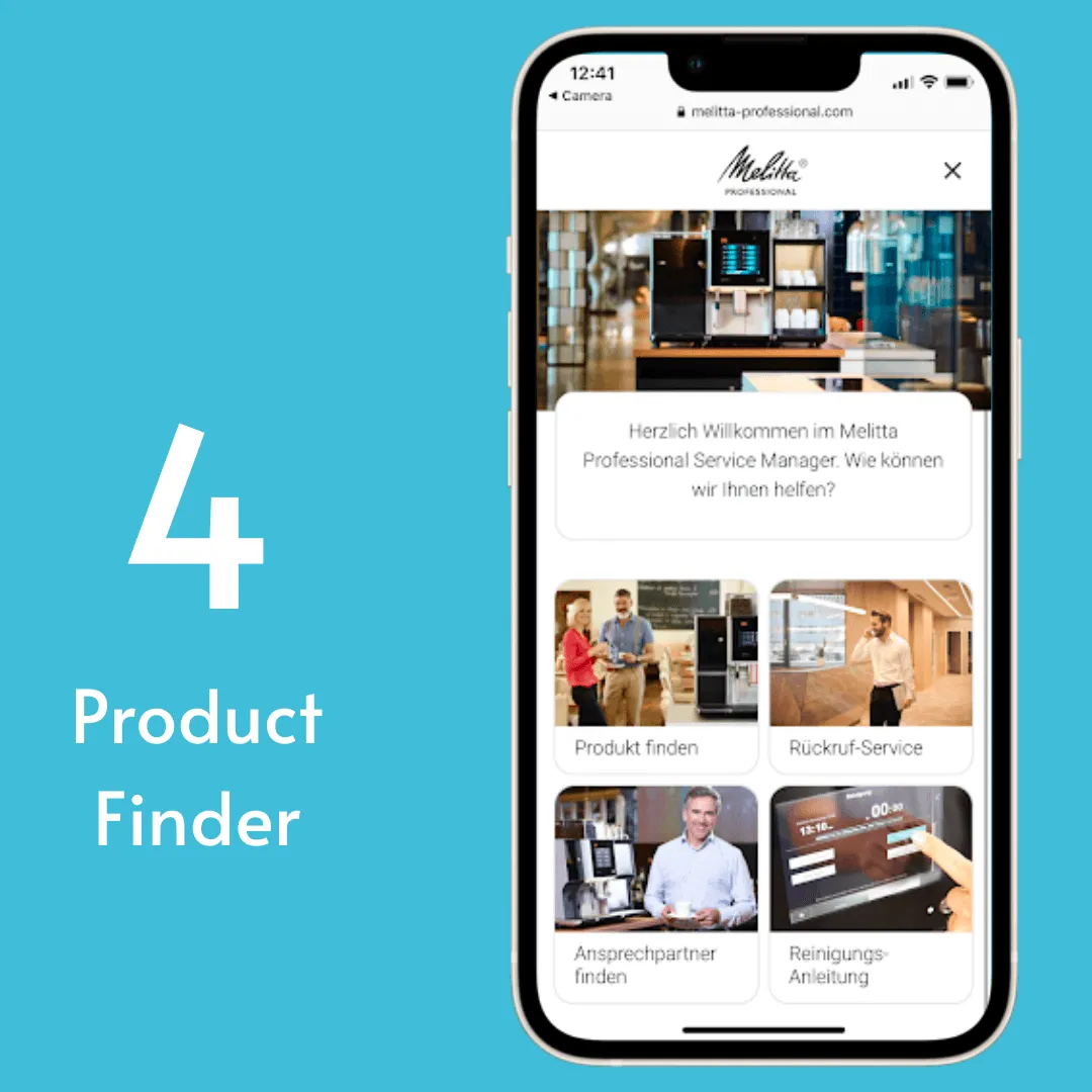 Ein Bild der Melitta Professional Experience und der Text "Product Finder" daneben.