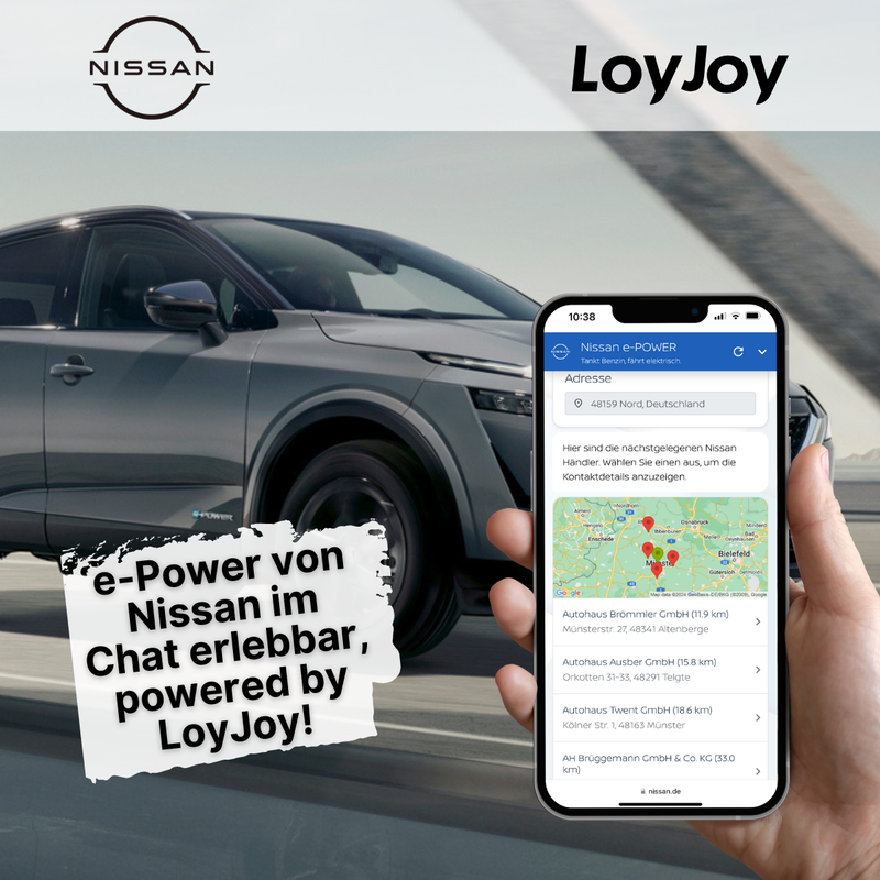 Man sieht einen grauen Nissan. Daneben ein Handy, welches den e-POWER Chatbot näher zeigt. Es ist eine Konversation zwischen dem Chatbot und einem Nutzer zu sehen. Dabei werden dem Nutzer die nächstegelegenen Nissan Händler angezeigt.