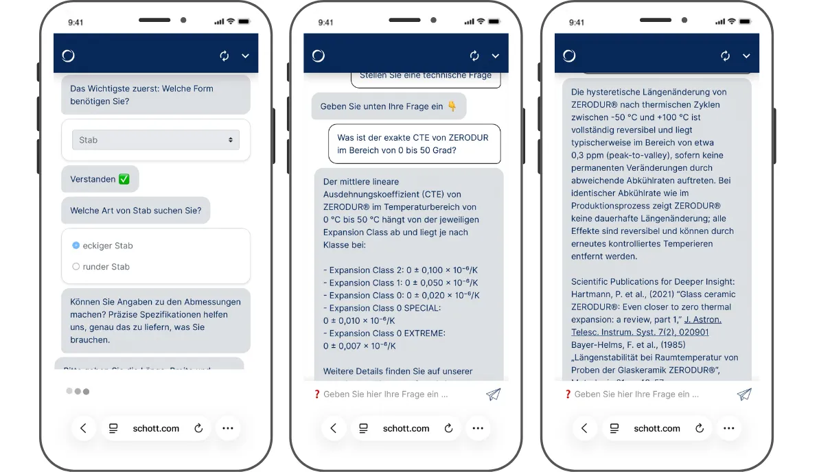 Screenshots of the Zerodur chatbot