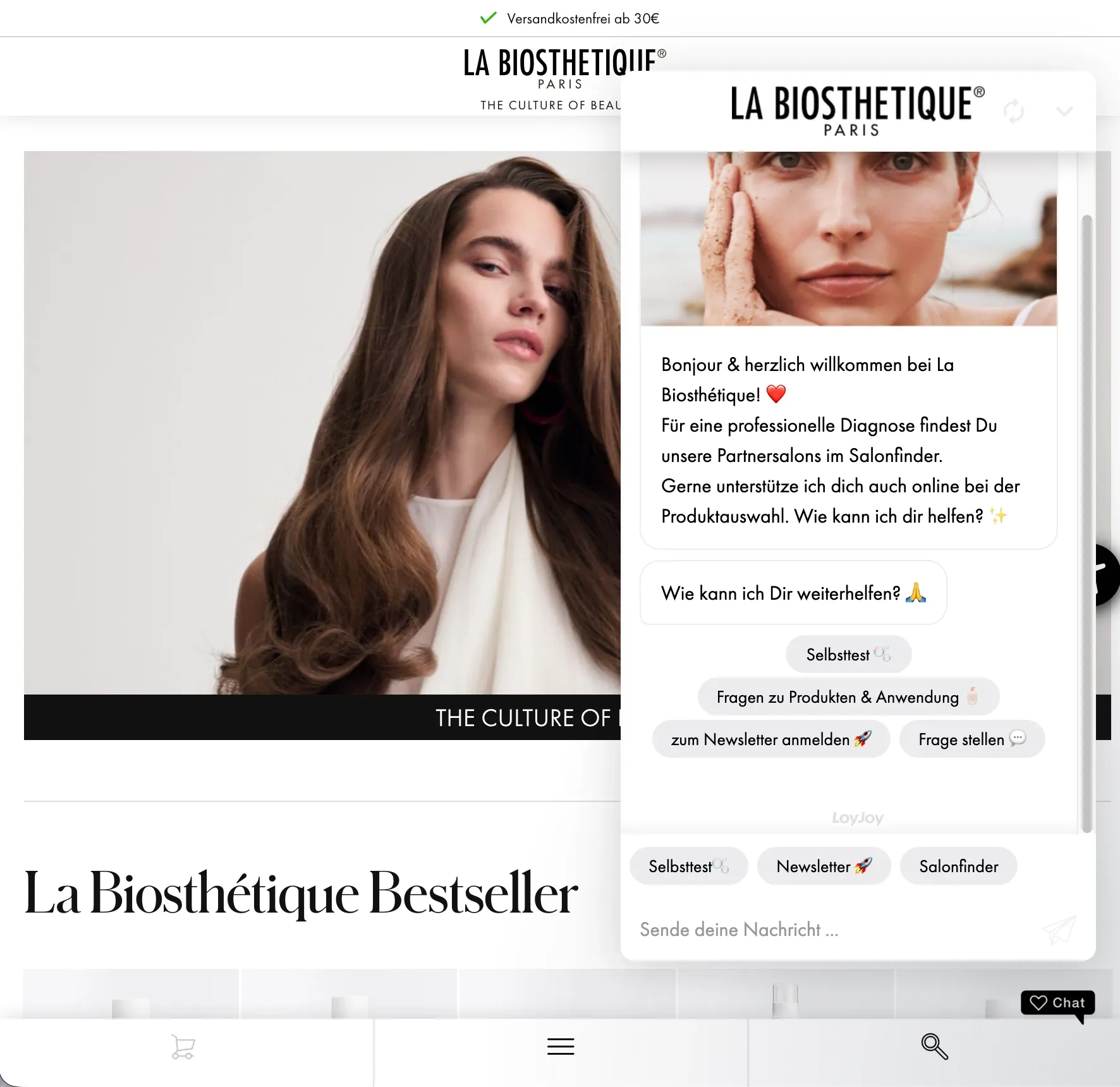 La Biosthétique online shop with the AI product advisor open