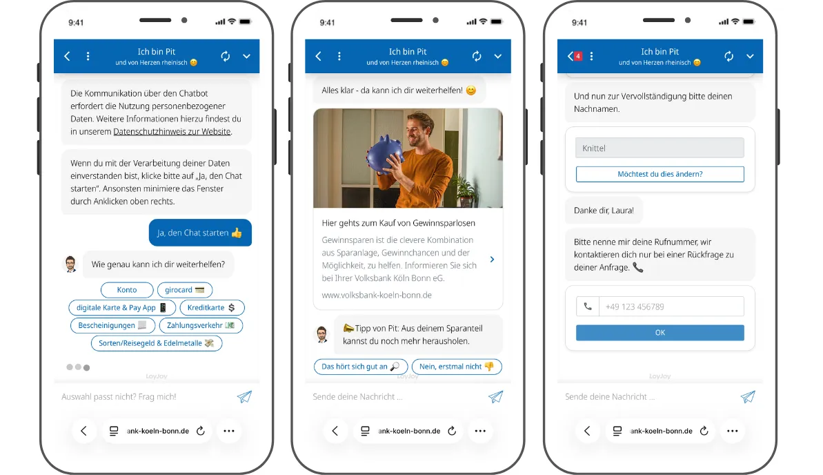 Screenshots des Volksbank Chatbot Pit