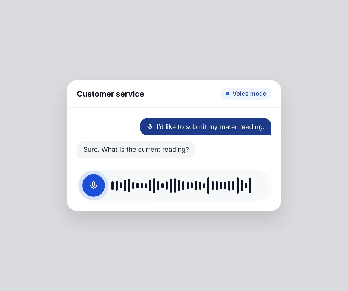 Chat window in voice mode with an active microphone, audio waveform and a spoken customer request about a meter reading.